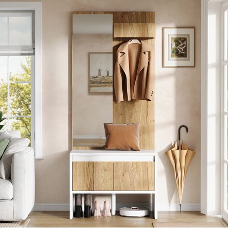 Recibidor con espejo, banco zapatero y 2 cajones, blanco y madera natural, 60x38x145 cm (1/5)