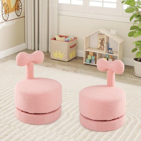 Velours Teddy Dossier Nœud Lot de 2 Fauteuils Enfant Pivotants 360° Siège Rembourré pour Chambre et Salle de Jeux Rose (1/4)