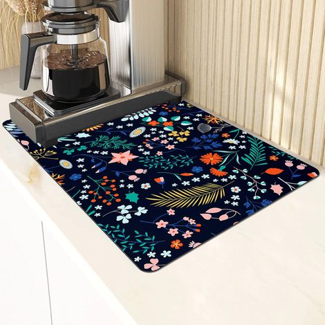 Tapis de séchage vaisselle microfibre pour plan de travail cuisine 40x50 cm, fleurs colorées noir, absorbant, très grand, antidérapant (1/4)
