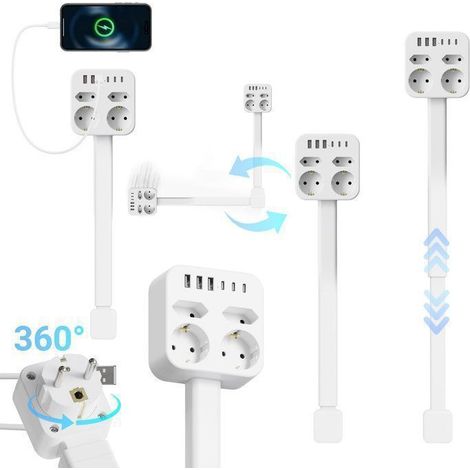 Multiprise Électrique, avec 4 Prises, 3 USB-A et 3 USB-C, 45 - 65 cm Câble Rétractable, 360° Rotation (1/5)