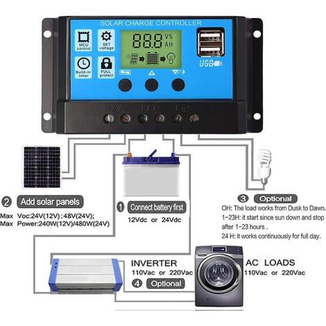 Régulateur de charge solaire 30 A 12 V/24 V PWM Chargeur solaire Contrôleur de panneau solaire intelligent avec double port USB 5 V Lumière Minuteur Contrôle LCD pour l'industrie, la maison (1/4)