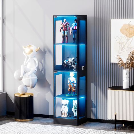 Vitrine à quatre niveaux, vitrine anti-poussière, 40x35x165cm, avec espace de rangement, éclairage LED, portes vitrées et capteurs intelligents. Noire (1/5)