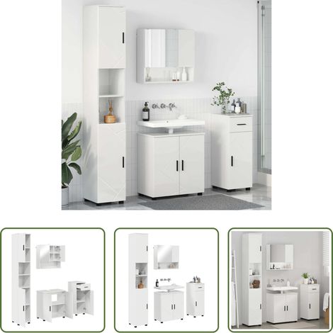 vidaXL Badezimmer Set - Badezimmermöbel-Set 4 pcs Hochglanz Weiß Holzwerkstoff & Metall (1/5)