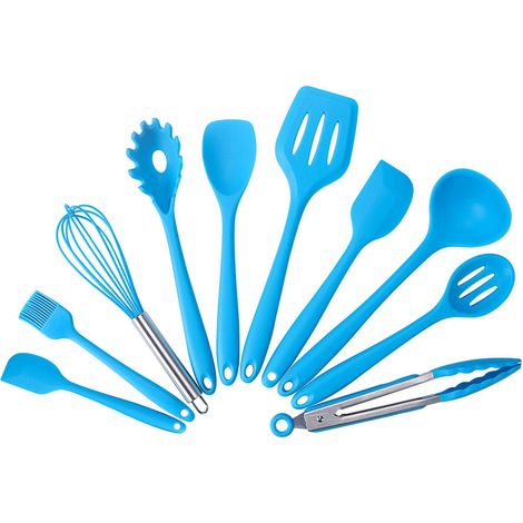 Ensemble de 10 pièces d'ustensiles de cuisine en silicone antiadhésif, présentés dans une boîte colorée. (1/5)