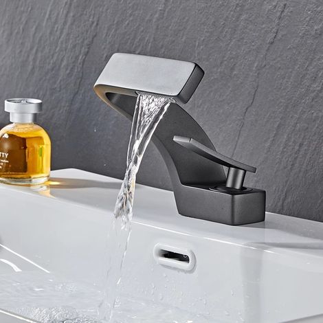 Robinet de lavabo tout cuivre, design luxueux doré avec effet cascade créatif, robinet monotrou pour lavabo, eau chaude et froide. (1/5)