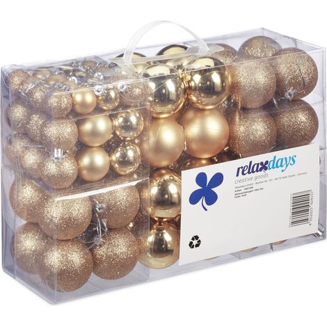 Relaxdays Weihnachtskugeln 100er Set, Weihnachtsdeko, matt, glänzend, glitzernd, Christbaumkugel 3, 4 & 6 cm, champagner (1/5)