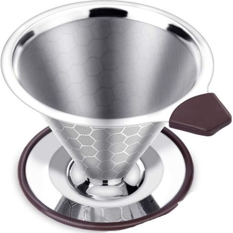 Filtre à café permanent en acier inoxydable, filtre à café sans papier pour préparation manuelle du café, bac d'égouttage réutilisable avec double maille en acier inoxydable et poignée en silicone (1/5)