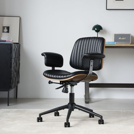 Fauteuil de bureau en PU noir - dossier haut – réglable – design mid‑century - Ergonomique – accoudoirs chêne– Base pivotante 360° (1/5)