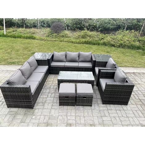 Fimous Rattan Gartenmöbel Lounge Sofa Set im Freien mit länglichem rechteckigem Couchtisch 2-teiligem Armstuhl 2-Seiten-Couchtisch 2-Hocker