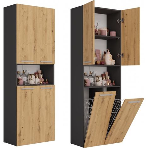 Mueble de baño artesanal de roble antracita, estante de columna con cestas: funcionalidad y estilo para su baño. (1/5)