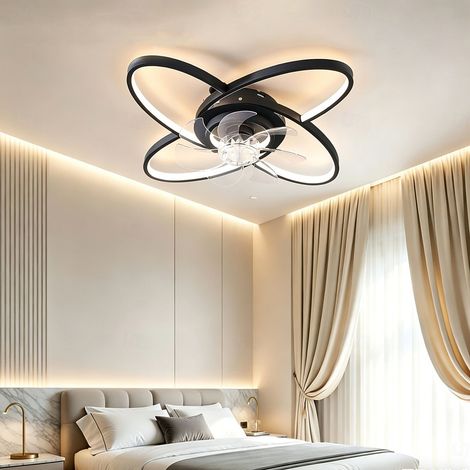 Ventilateur de plafond encastré moderne pour chambre à coucher, éclairage LED à intensité variable, six vitesses, noir (1/5)