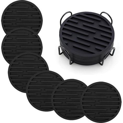 Set di sottobicchieri rotondi e spessi (6 pezzi), in silicone, adatti per bevande, caffè, birra e altri banconi da bar (nero, 6 pezzi). (1/5)