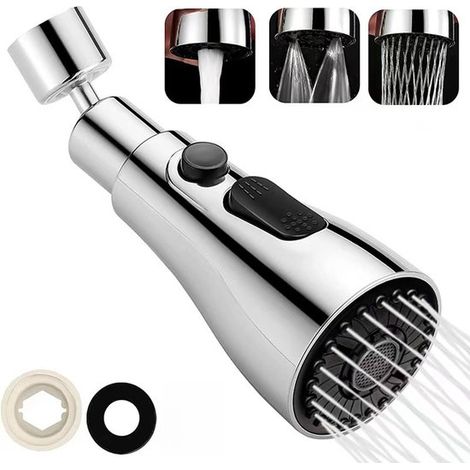 Accesorio para grifo, Rotación de 360 grados, 3 posiciones, Lavado de platos, Ahorro de agua, Cabezal de grifo flexible, Extensión, Plata (1/5)