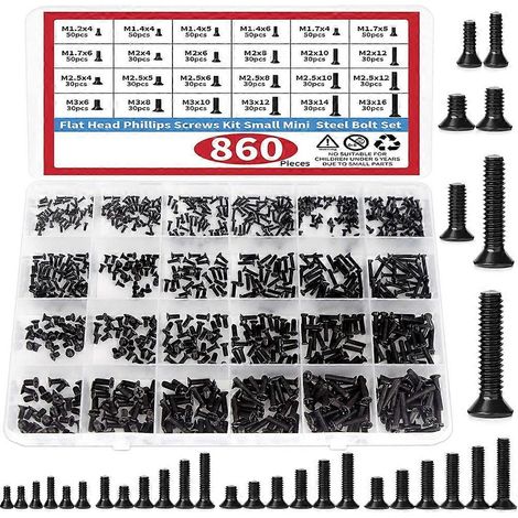 Kit de 860 petites vis d'ordinateur assorties, vis noires minuscules pour lunettes M1.2 M1.4 M1.7 M2 M2.5 M3, pour disques durs SSD de PC et d'ordinateurs portables. (1/5)