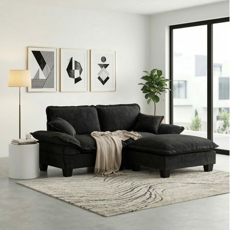Divano moderno 194x151x90 cm, con pouf mobile, design a vela, tessuto chenille nero (1/5)