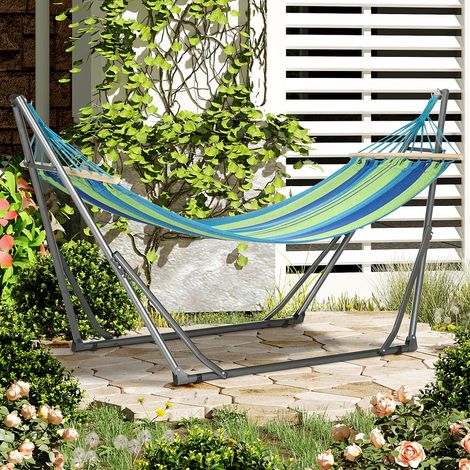 Amaca 2 in 1 con supporto pieghevole, stendibiancheria con asta, struttura in acciaio per giardino, 270x100x94 cm, blu e verde
