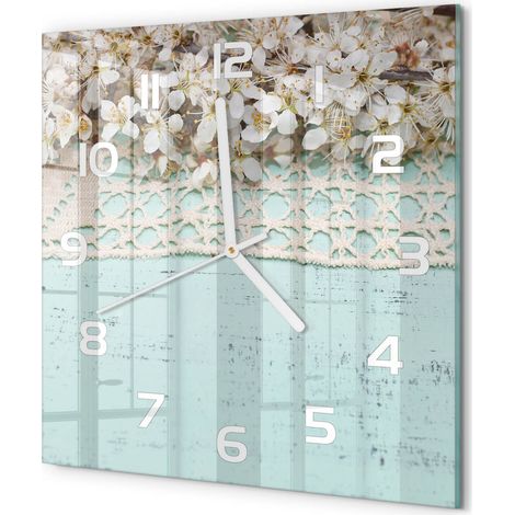 Horloge Murale Carrée Originale Verre Trempé Décoration Maison Moderne Fleurs de cerisier 30x30 cm (1/5)