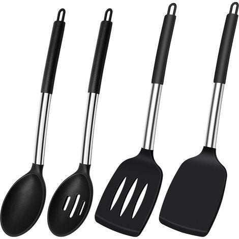Silikon-Spatellöffel, hitzebeständiger Silikonspatel, Küchenspatel, Schlitzlöffel-Set zum Kochen, BPA-freie Küchenutensilien, schwarze Küchenutensilien, spülmaschinenfest, 4 Stück
