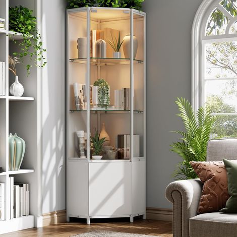 Armadio Angolare Con Vetro Temperato Alto 165 Cm Con Illuminazione LED, 3 Ripiani espositivi E 1 Mensola, Ideale Per Collezioni E Liquori, Per Soggiorno, Camera Da Letto O Ufficio