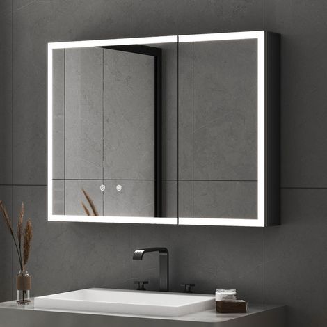 80x60 cm Spiegelschrank Bad mit Beleuchtung LED Spiegelschrank mit Beleuchtung Badspiegel Schwarz mit Beleuchtung Medizin Kabinett Hängeschränke mit 3 Einstellbare Lichtfarben, Beschlagfrei, Schwarz