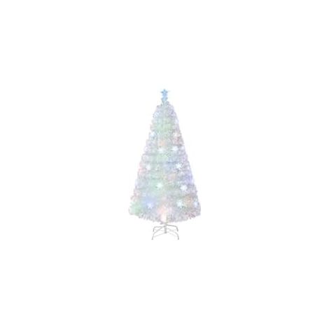 COSTWAY Sapin de Noël Artificiel à Fibre Optique Pré-éclairé 120 cm, Blanc avec Feuilles Irisées, Lumières LED Flocon de Neige Multicolores, Lumière Etoilée Supérieure, pour Bureau, Maison (1/5)