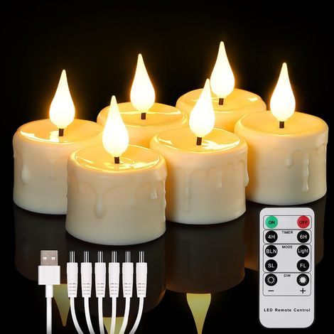 6 bougies chauffe plat LED rechargeables avec télécommande, minuterie, flamme vacillante, blanc chaud, intensité variable, bougies électriques avec câble USB, 4 x 5.5cm (1/5)