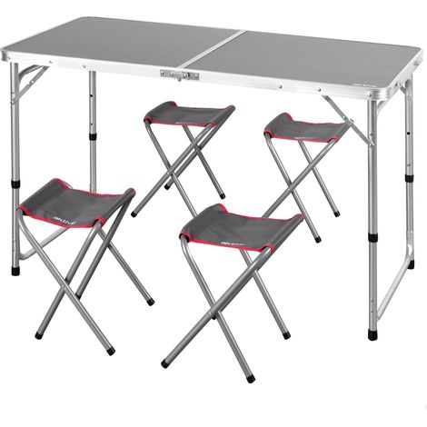 Table Pliante en Aluminium avec 4 tabourets en Acier, Hauteur réglable 60-70 cm, Surface 120 x 60 cm, Finition Grise, Design Portable avec poignée pour Camping, Plage et Jardin (1/5)