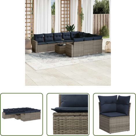 vidaXL Rattanmöbel - 11-tlg. Garten-Sofagarnitur mit Kissen Grau Poly Rattan (1/5)