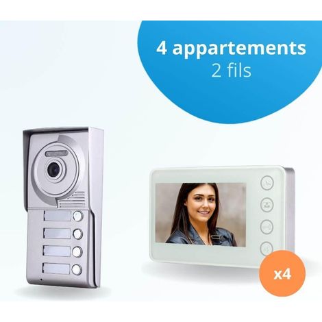 Portier interphone vidéo NEO 2 Fils - 4 appartements - 4 écrans blancs