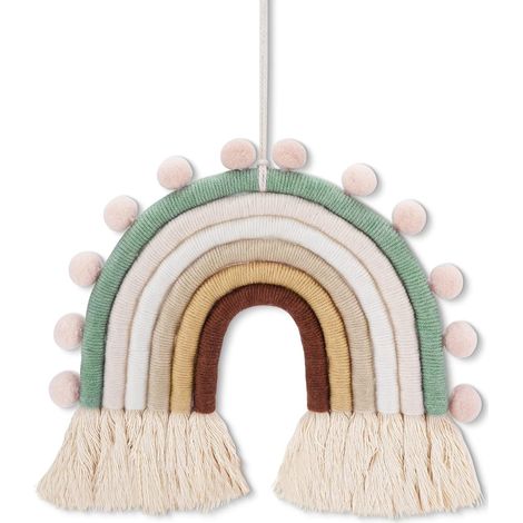 Décoration murale arc-en-ciel - Suspension tissée main en coton - Motif arc-en-ciel avec pompons et franges - 20 x 19 x 1,5 cm - 1 pièce (1/5)