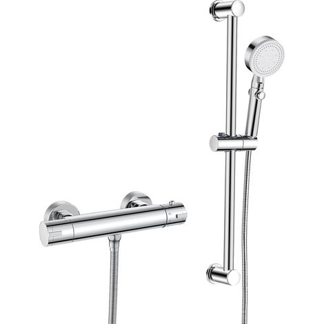 Mitigeur Thermostatique Ensemble de Douche,Mitigeur Douche Thermostatique Mural, Colonne de Douche 635mm avec Flexible Douchette 5 Jets Support, Laiton, Chromé (1/5)