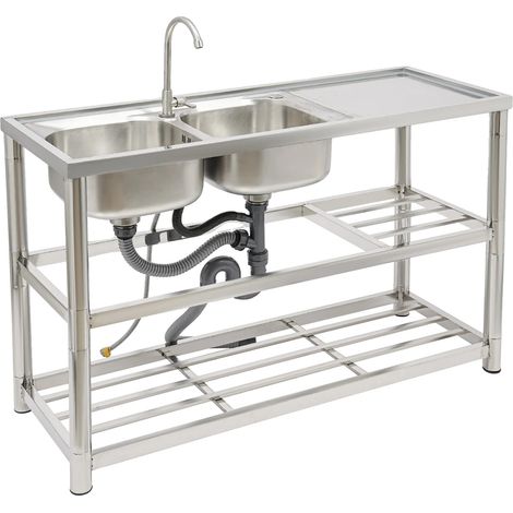 Évier de cuisine à double bol, en acier inoxydable, design autoportant, Argent (1/2)