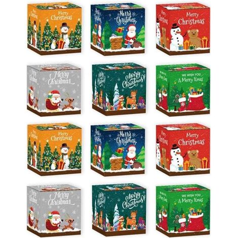 Coffret cadeau de Noël 12 pièces – Boîtes à friandises 3D en papier cartonné – Dimensions 7 x 7 x 7 cm – Motifs festifs imprimés (1/5)
