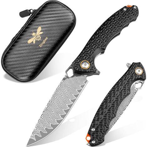 Damast Taschenmesser VG10 mit Aluminiumgriff, Einhand Klappmesser für Outdoor & EDC
