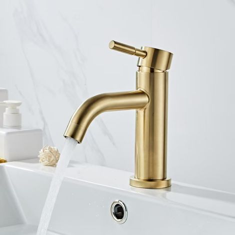 Waschtisch aus gebürstetem Edelstahl 304 in Exportqualität, Einloch-Waschbecken, Unterbau-Waschtischarmatur für Warm- und Kaltwasser - gebürsteter, goldfarbener, gebogener Auslauf, flaches Modell [War