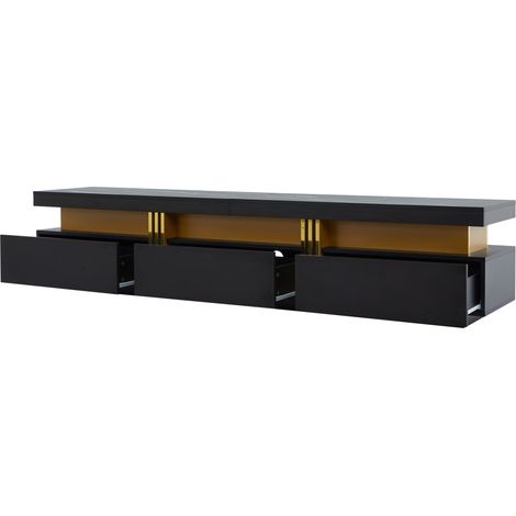 Meuble TV moderne noir avec plateau effet marbre 200x40x42 cm, 3 tiroirs, pour téléviseurs jusqu'à 90 pouces (1/5)