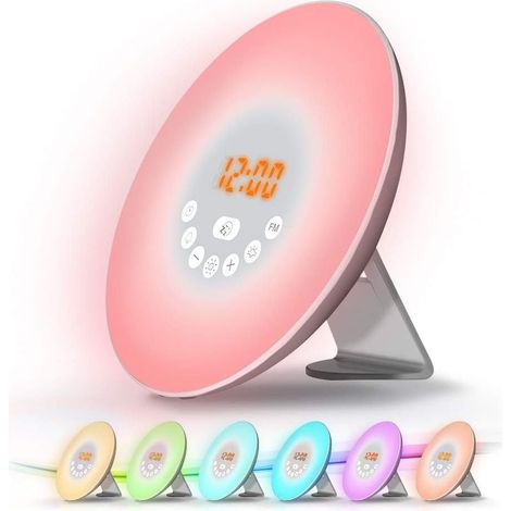 Réveil lumineux enfant – Simulation lever de soleil – 10 niveaux de luminosité – 7 couleurs – 6 sons naturels – Lampe de chevet tactile (1/5)