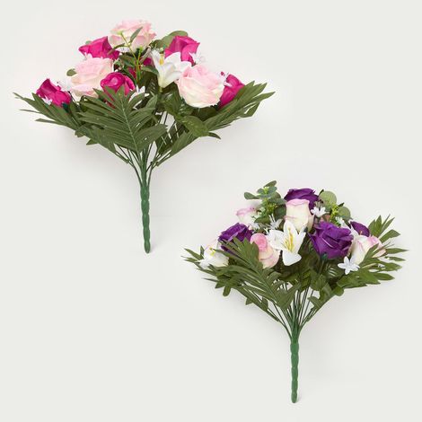 HOMESCAPES Rose & Lily Bouquet, Pink & Purple Set of 2