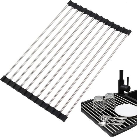 Aufrollbare Abtropfmatte für die Spüle, faltbar, Edelstahl, hitzebeständig, zum Abtropfen von Obst und Gemüse, platzsparend in der Küche, schwarz, 50 x 27 cm.