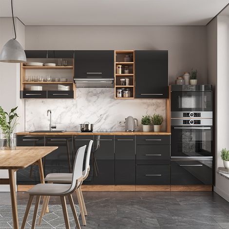 Cucina componibile Fame-Line, Antracite lucido/oro power oak, 280 cm , PL Antracite, Vicco