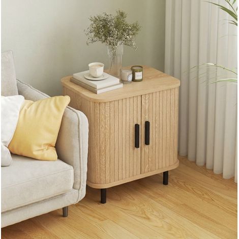 Table de chevet en bois coloris chêne avec portes coulissantes à lamelles (1/5)
