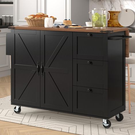 Desserte de cuisine multifonctionnelle avec plan de travail coulissant et 2 portes, chariot de service pratique avec 3 tiroirs, style bois pour rangement optimal, couleur noir (1/5)