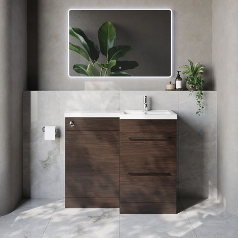Napoli 390 Brown Oak 1000mm 2 Drawer Vanity Unit Toilet Suite with Right Hand Square Lucia Basin - 1000mm - Chrome 320mm HandleWithout Kingston Toilet Pan