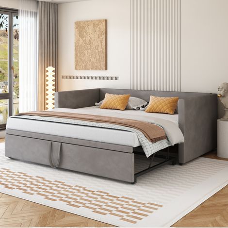 Cama sofá tapizada moderna 90x200/180x200 cm en terciopelo gris, extensible con somier de láminas, respaldo y brazos (1/5)