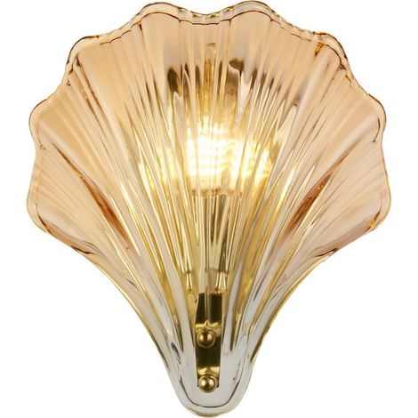 Applique Shell 1Lt, metallo ottone satinato e vetro ambrato IP44 (1/4)