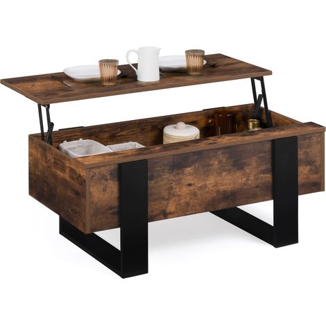 Idmarket – Table basse relevable rectangulaire bicolore bois effet vieilli et noir – Dimensions 97,5x50x40cm – Système de rangement intégré – Style loft industriel
