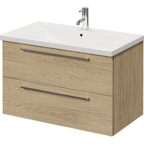 Napoli 460 Light Oak 800mm Wall Mounted 2 Drawer Vanity Unit with Glide Basin - 800mm - Chrome 480mm Handle