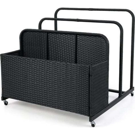 Chariot de rangement extérieur noir en résine tressée avec 2 compartiments ouverts et 4 roulettes pour piscine terrasse et jardin