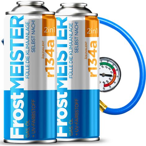 Frostmeister 2 en 1: 2 latas + manguera R134a (1/5)