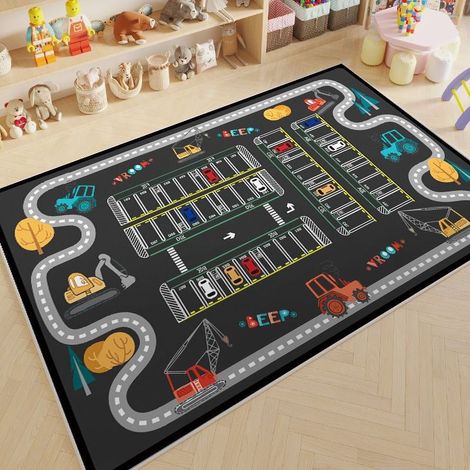 Tapis pour chambre d'enfant, tapis de jeu amusant sur le thème du parking, tapis sur le thème de la vie urbaine ferroviaire, tapis pour enfants lavable et antidérapant - 80x120CM (velours cristal)